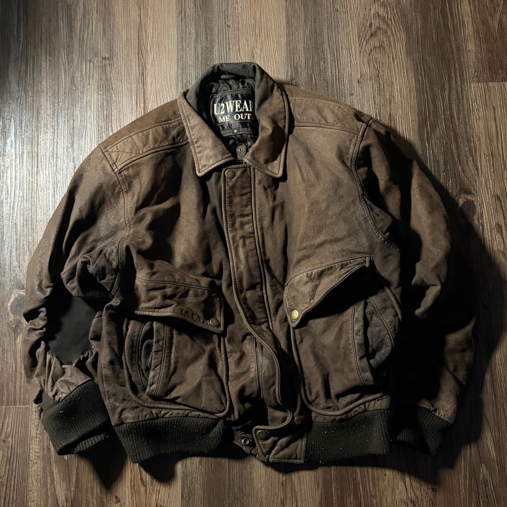 U2 Wear‎ Me Out Mens Brown Leather Bomber Jacket Size M Shoulder Repair Patch